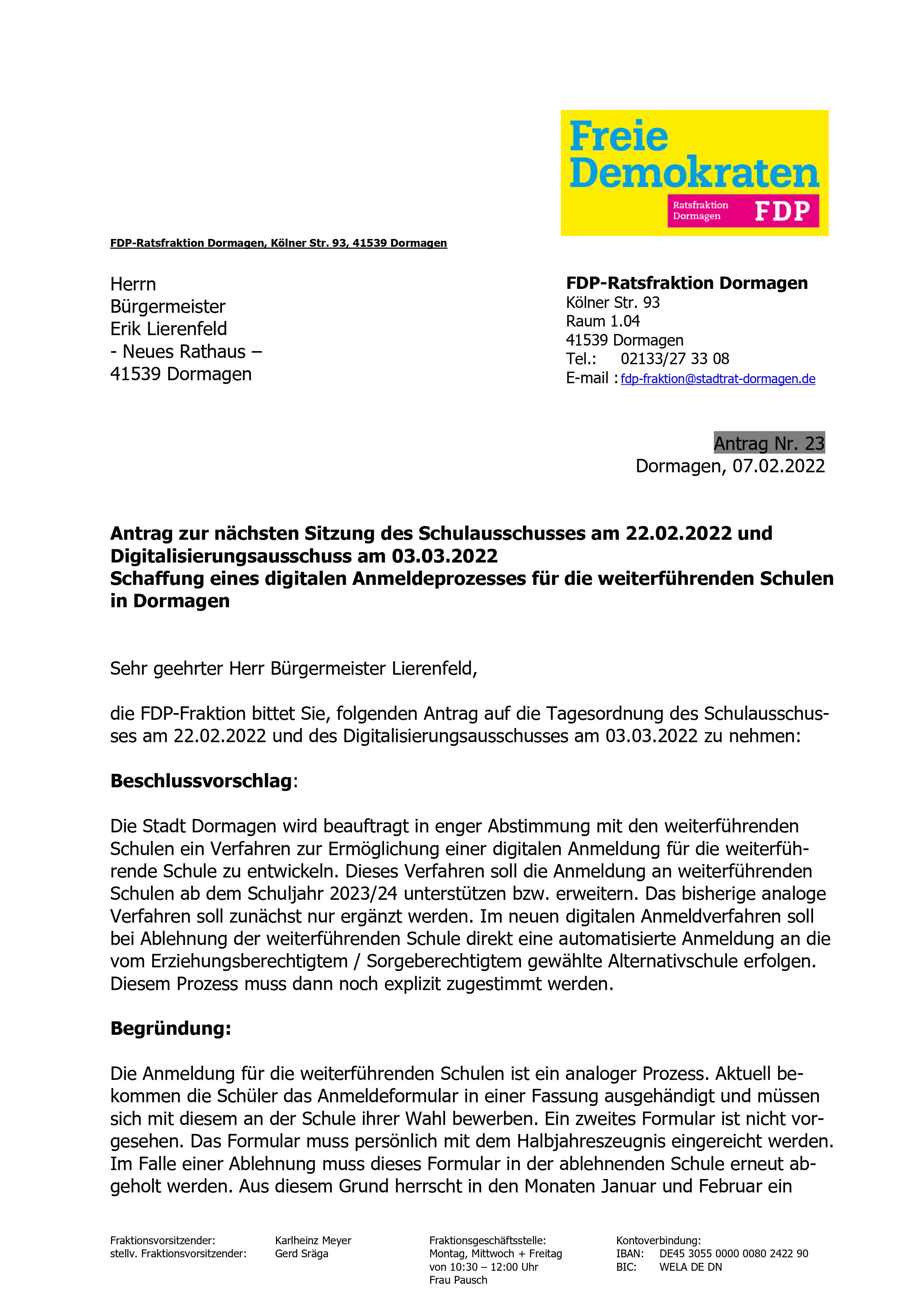Schaffung eines digitalen Anmeldeprozesses für die weiterführenden Schulen  in Dormagen