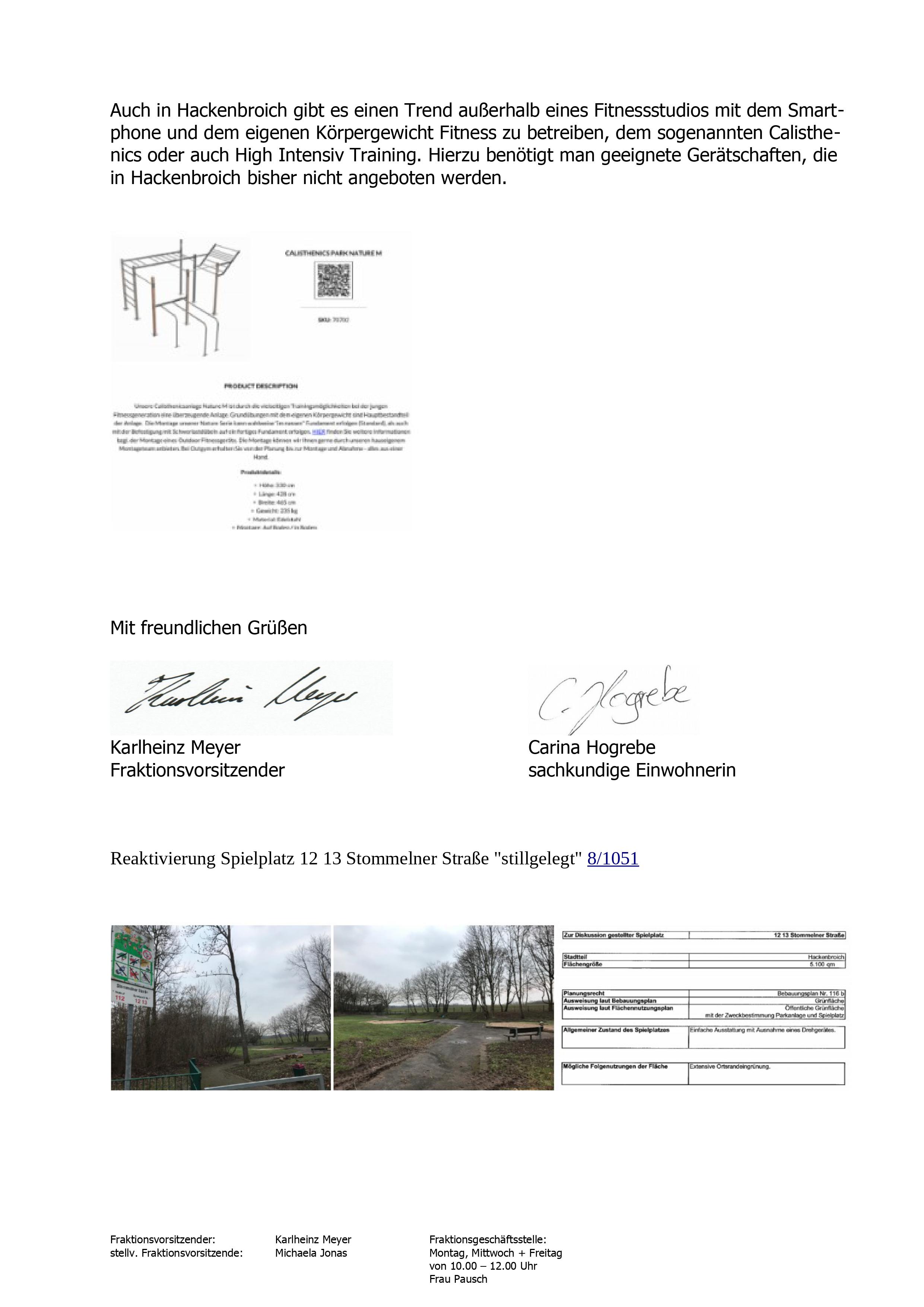 Erweiterung/Neugestaltung oder Reaktivierung eines Spielplatzes zu einem Jugendpark mit Skaterplatz und Calisthenics-Angebot in Hackenbroich