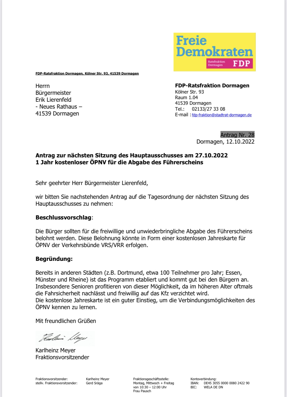Antrag zur nächsten Sitzung des Hauptausschusses am 27.10.2022 1 Jahr kostenloser ÖPNV für die Abgabe des Führerscheins